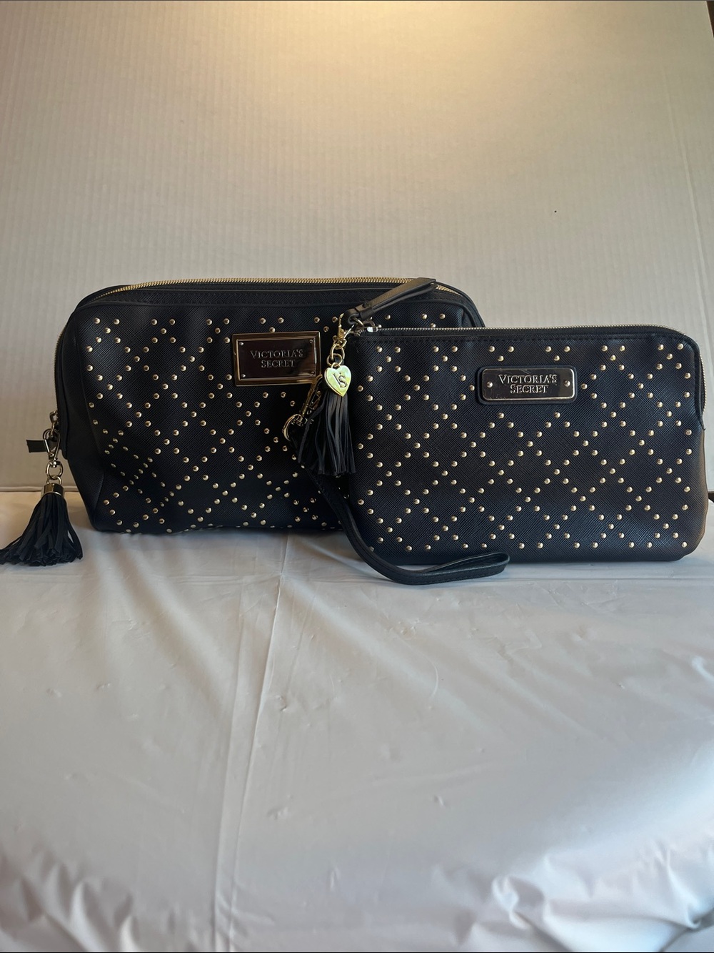 Victoria's Secret Black Studded Cosmetic Bag and Wristlet Set with Tassel